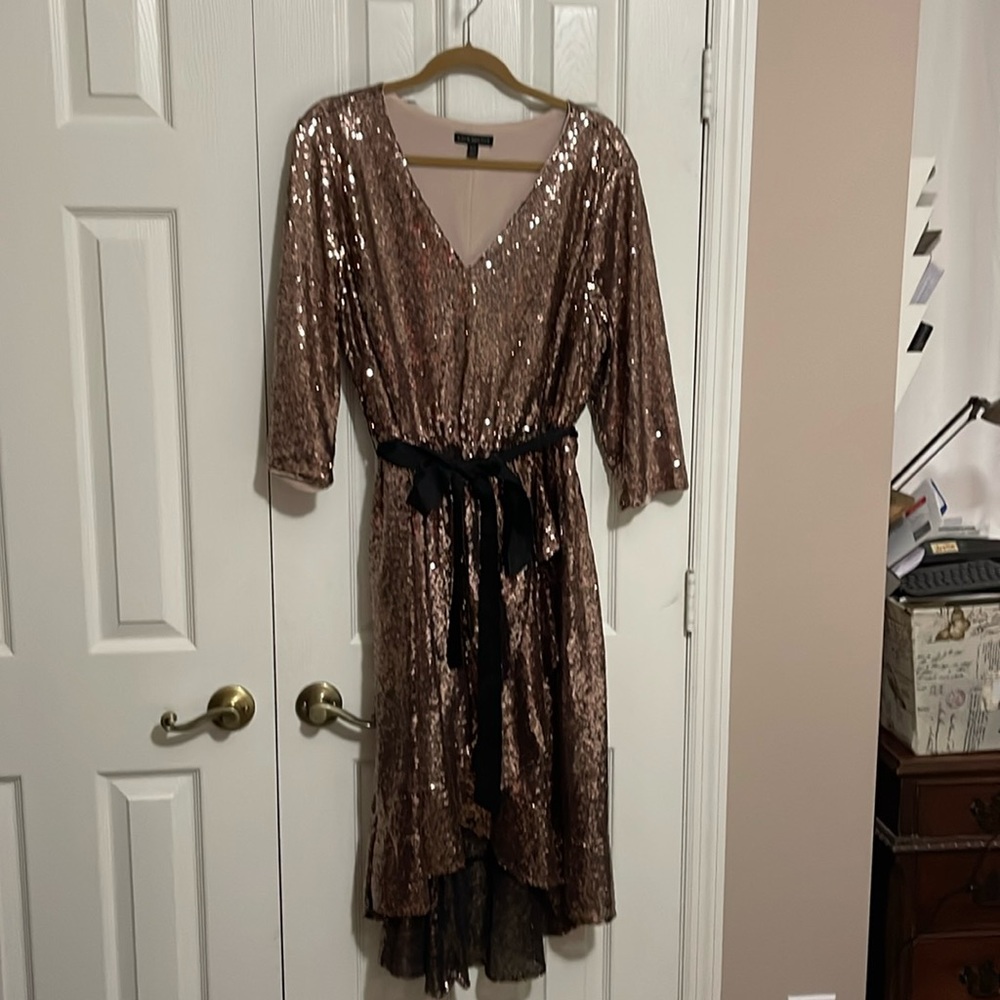 Gorgeous Lane Bryant Rose gold sequin high low dress with 3/4 sleeves. Sz 18/20